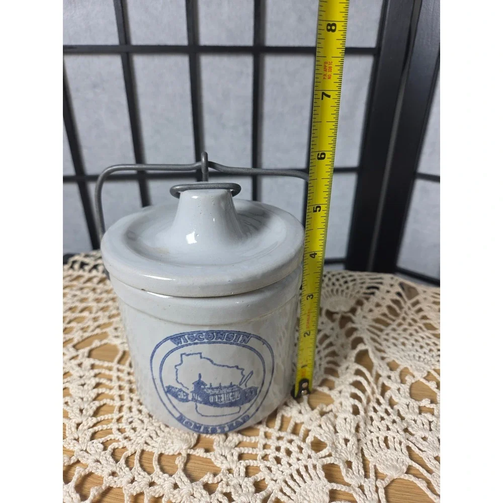 Vintage Wisconsin Homestead Stoneware Crock with Lid and Wire Bail Handle